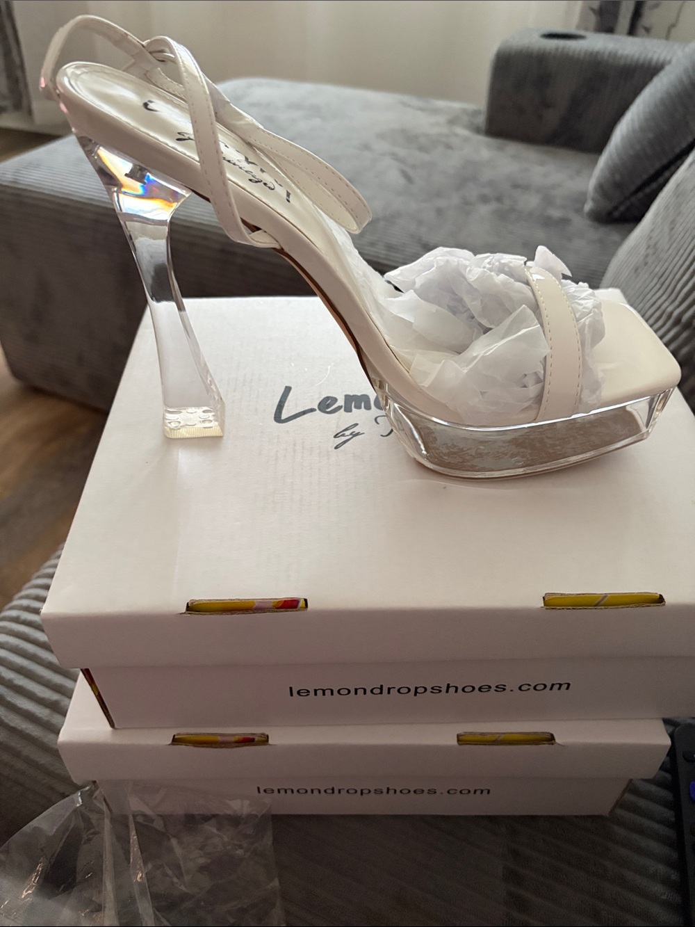 Privileged White Clear Platform Slingback Heels with Lucite Heel